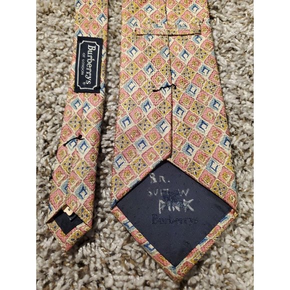 Burberrys Of London Men's Tie Brown Pink and Blue Geometric Silk Necktie - Picture 3 of 7
